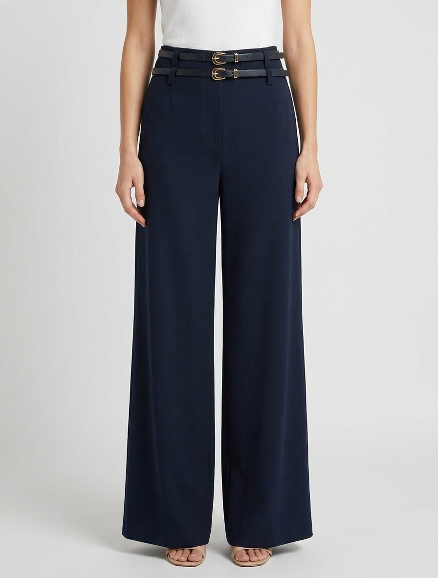 Pantalon ample taille haute à double ceintures - Marine