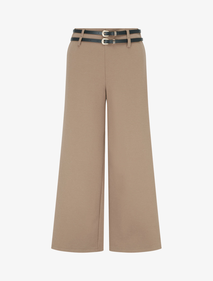 Pantalon ample taille haute à double ceintures - Camel - 1