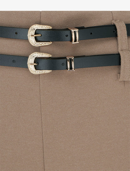 Pantalon ample taille haute à double ceintures - Camel - 3