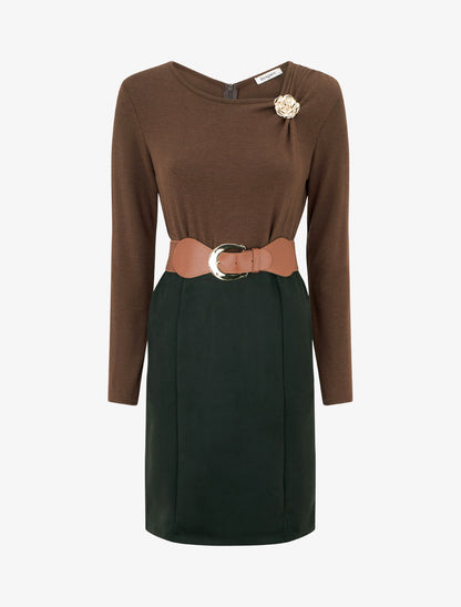 Robe bimatière coupe droite - Marron - 1