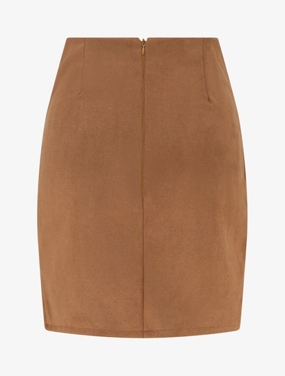 Jupe style portefeuille en suédine à boutons - Camel - 2