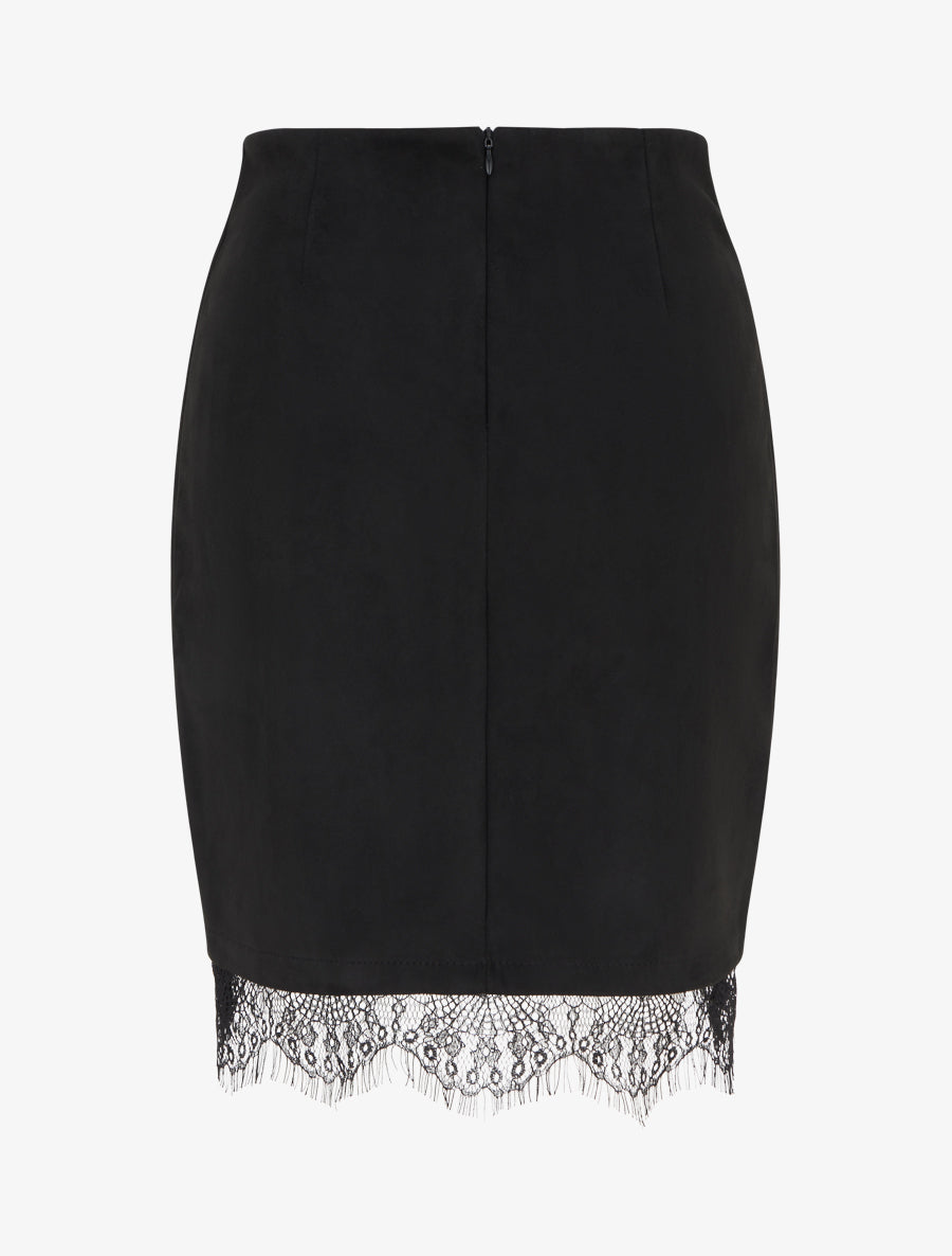 Jupe droite en suédine à bords en dentelle - Noir - 2