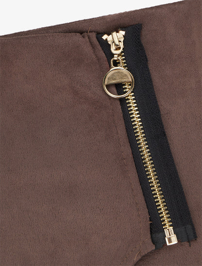 Jupe-short en suédine style portefeuille à zip - Marron - 3