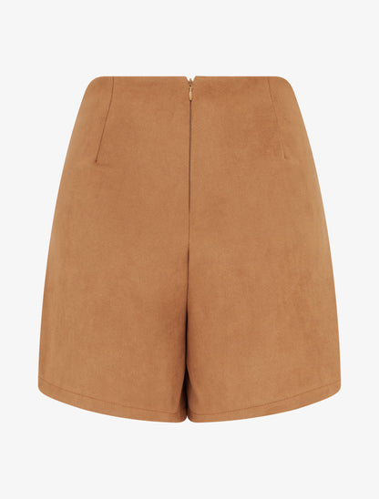 Jupe-short en suédine style portefeuille à zip - Camel - 2