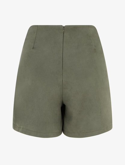 Jupe-short en suédine style portefeuille à zip - Kaki - 2