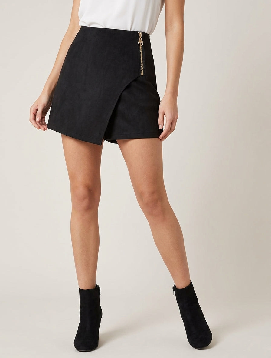 Jupe-short en suédine style portefeuille à zip - Noir