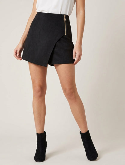 Jupe-short en suédine style portefeuille à zip - Noir