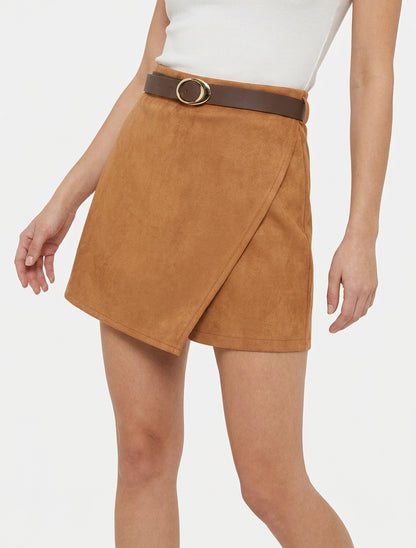 Jupe-short portefeuille en suédine à ceinture - Camel