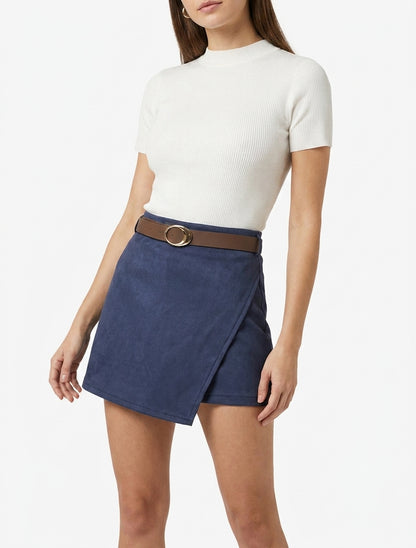 Jupe-short portefeuille en suédine à ceinture - Marine