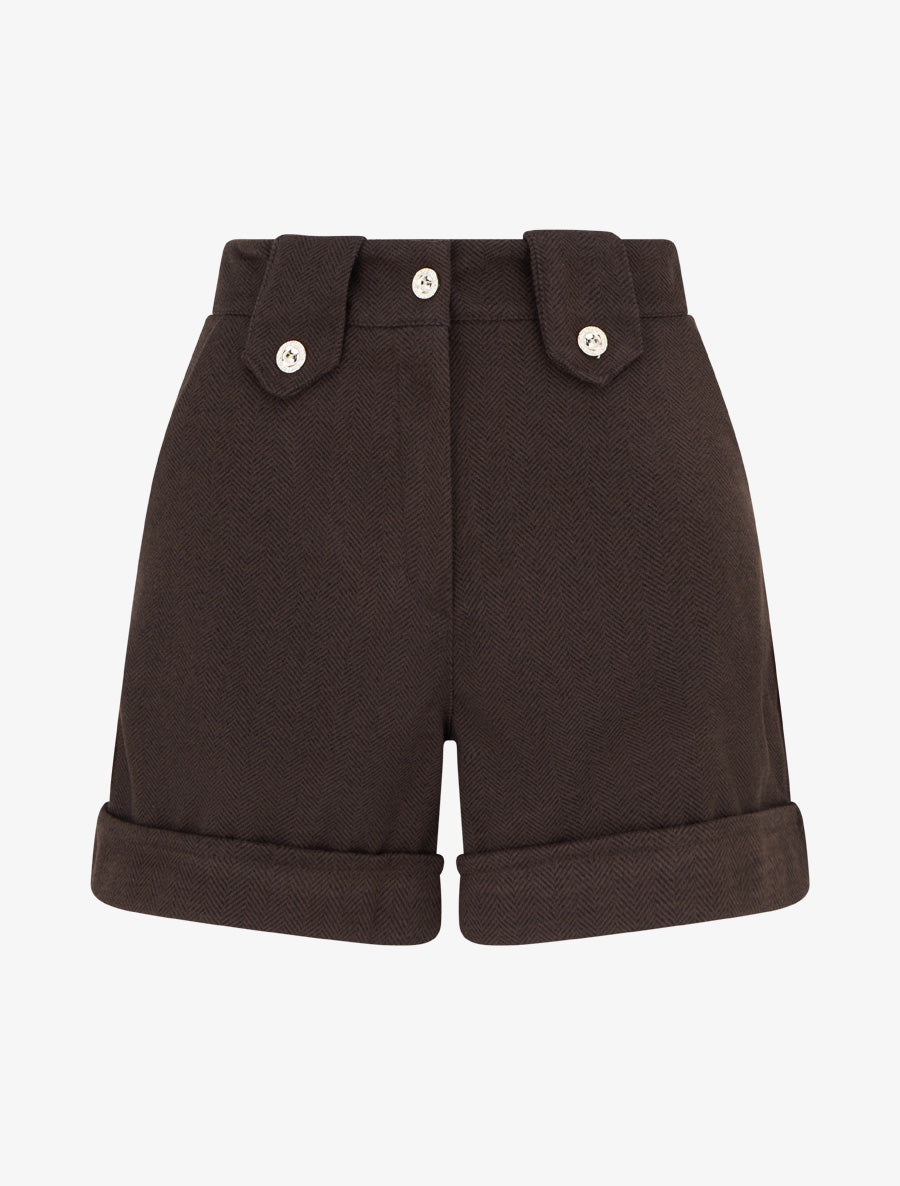 Short droit à ourlet et boutons décoratifs - Marron - 1