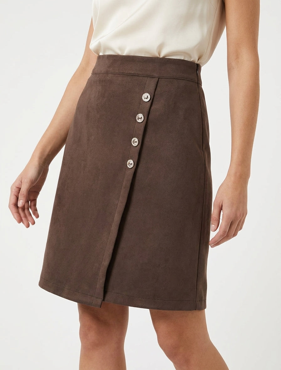 Jupe en suédine style portefeuille à boutons - Marron
