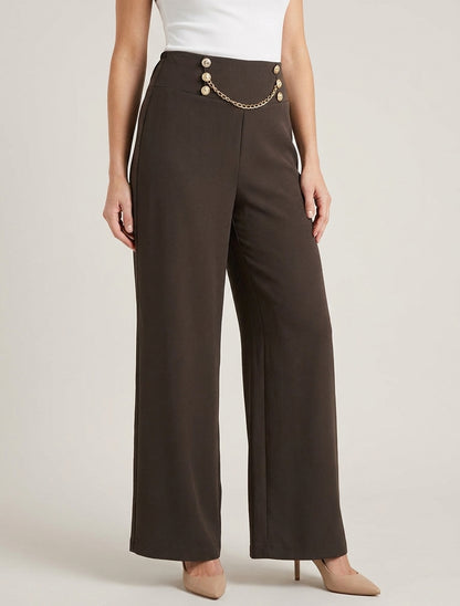 Pantalon taille haute à boutons et chaîne - Marron