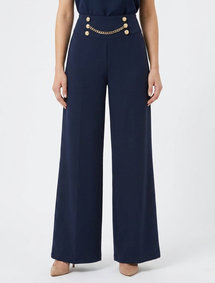 Pantalon taille haute à boutons et chaîne - Marine