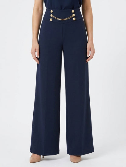 Pantalon taille haute à boutons et chaîne - Marine