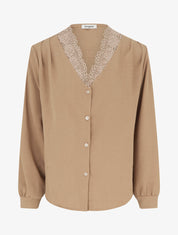 Blouse droite à col V en dentelle - Beige foncé - 1