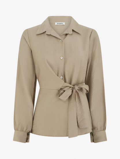 Top manches longues style chemise à nouer - Beige - 1