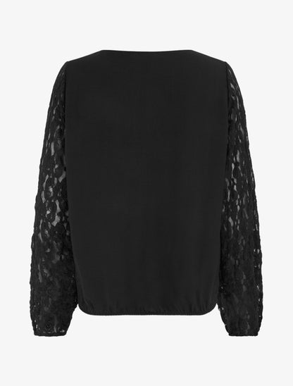 Top boule uni à manches en dentelle - Noir - 2