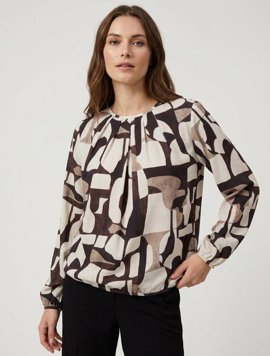 Blouse imprimé rétro à col rond - Marron