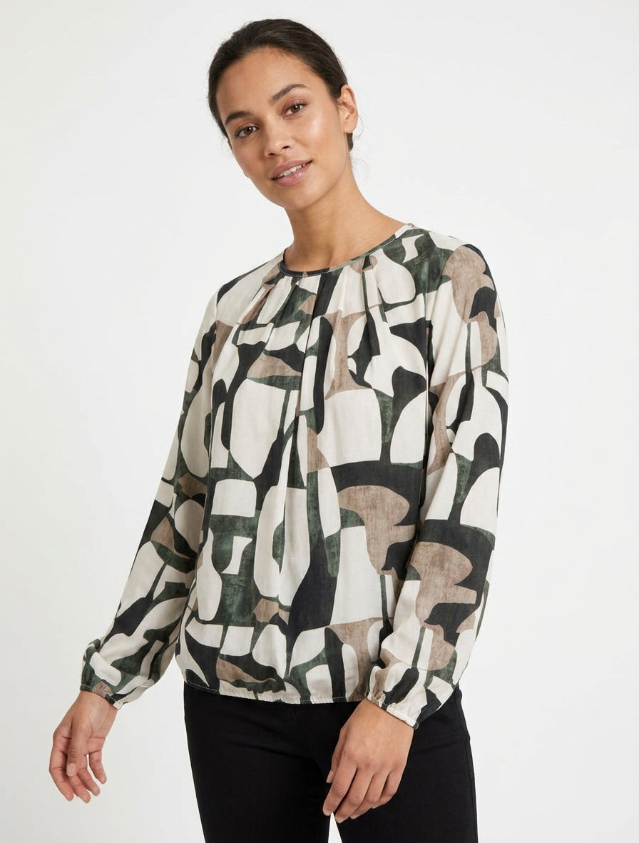 Blouse imprimé rétro à col rond - Kaki