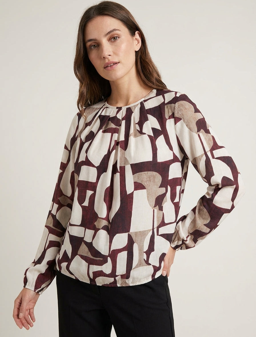Blouse imprimé rétro à col rond - Bordeaux