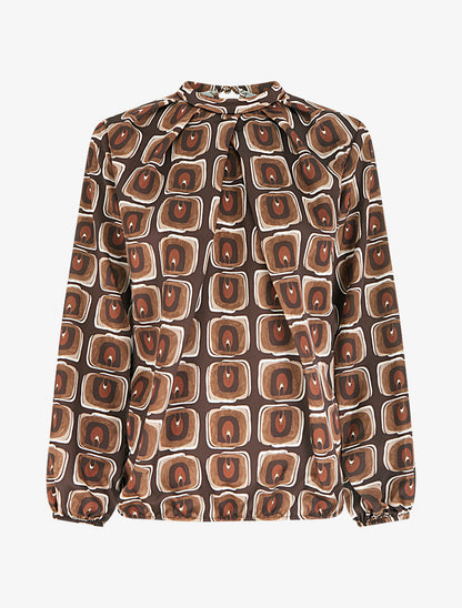 Blouse satiné imprimé rétro - Marron - 1