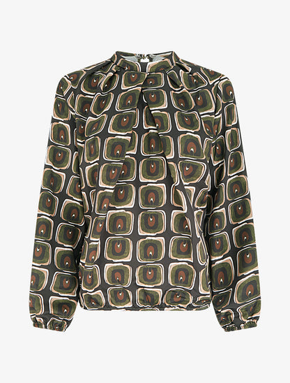 Blouse satiné imprimé rétro - Kaki - 1