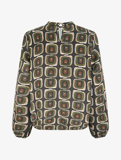 Blouse satiné imprimé rétro - Kaki - 2