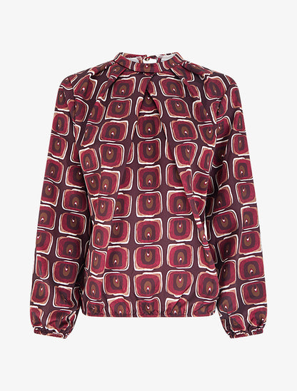 Blouse satiné imprimé rétro - Lie de vin - 1