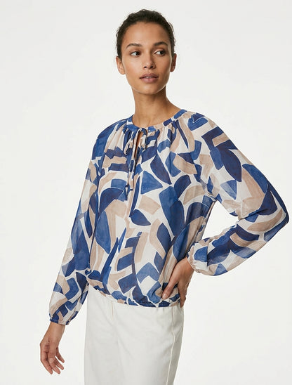 Blouse en voile imprimé abstrait coupe boule - Marine