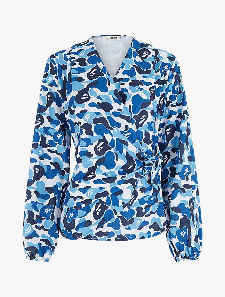Blouse style portefeuille imprimée à col cache-coeur - Bleu - 1