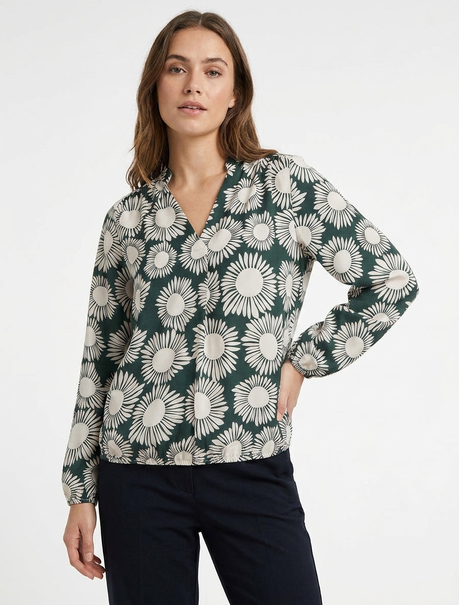 Blouse imprimé fleurs à poignets élastiqués - Vert sapin