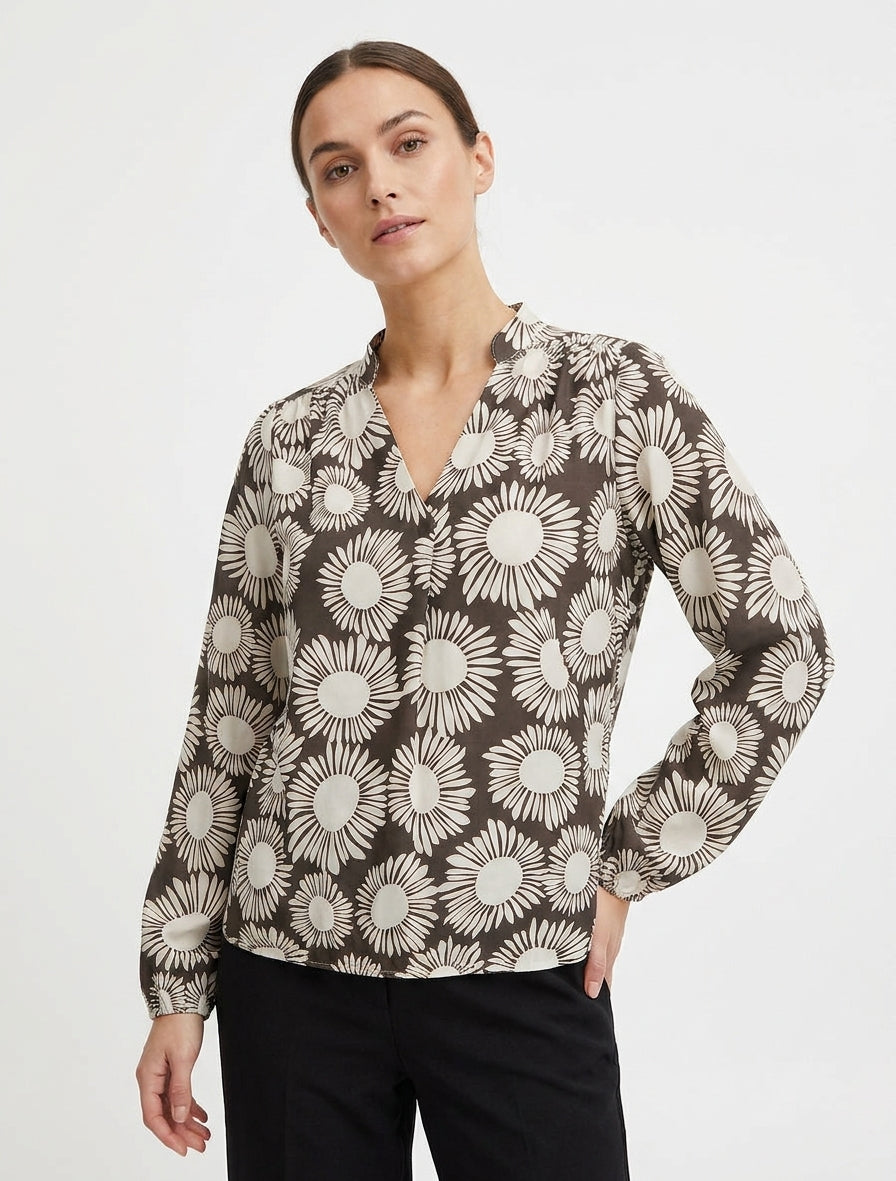 Blouse imprimé fleurs à poignets élastiqués - Marron