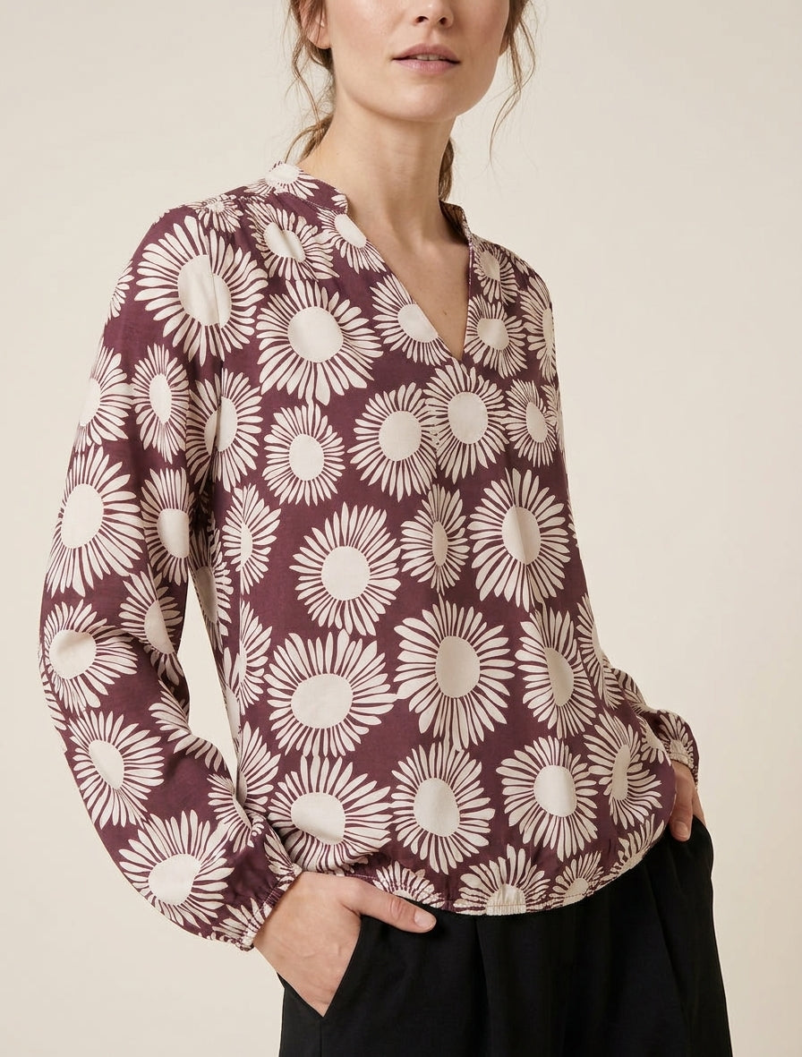 Blouse imprimé fleurs à poignets élastiqués - Prune