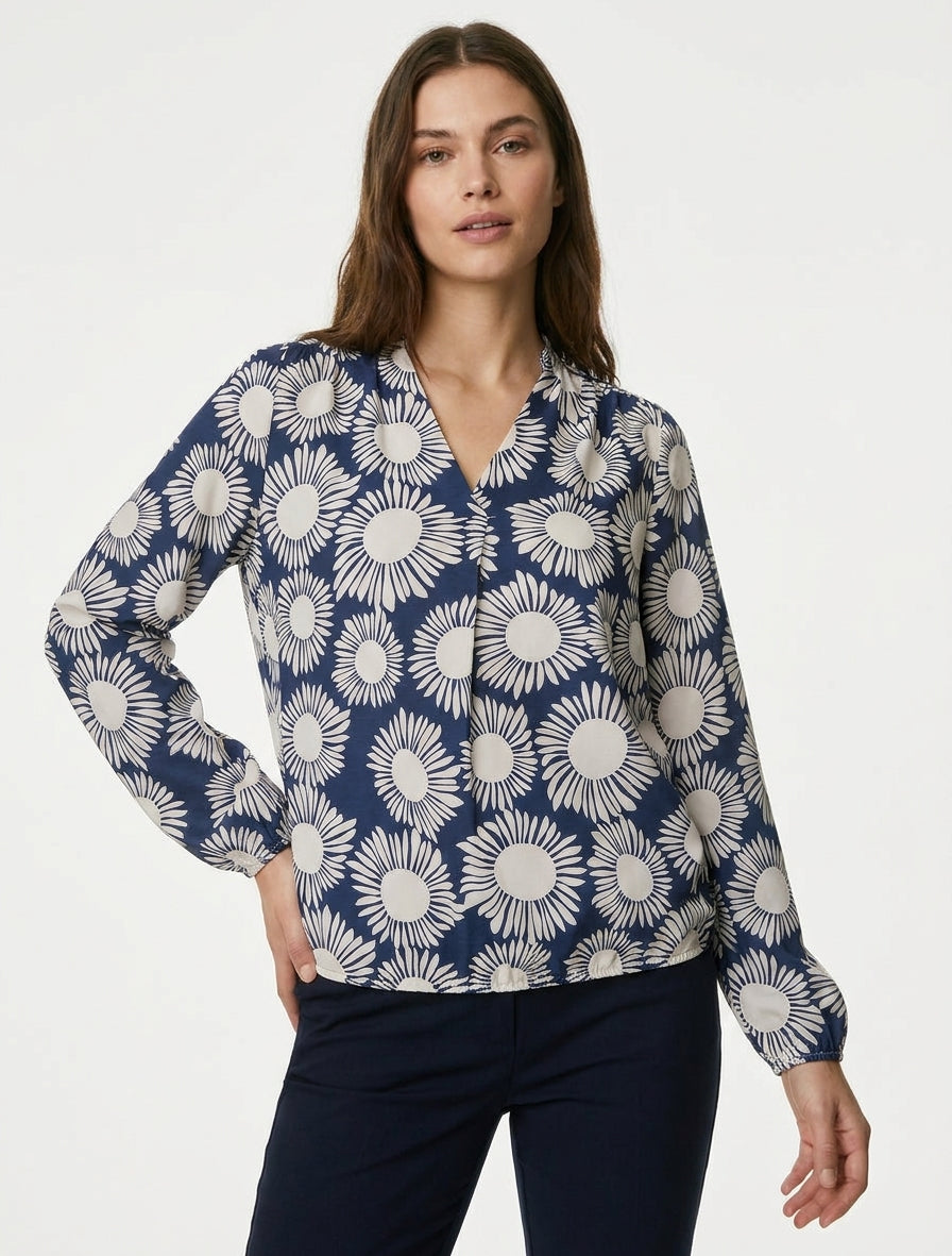 Blouse imprimé fleurs à poignets élastiqués - Marine