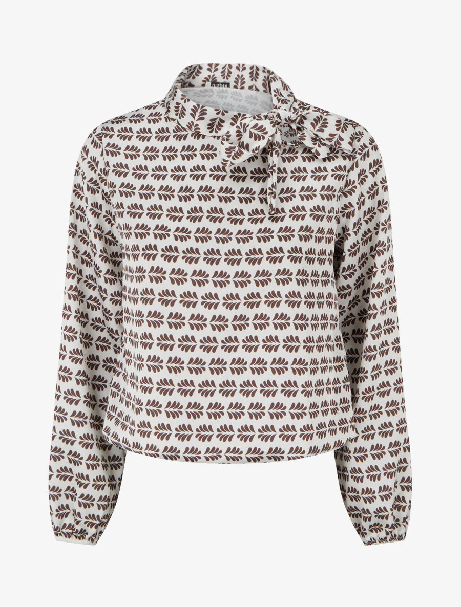 Top boule satiné à col noeud et imprimé graphique - Marron - 1