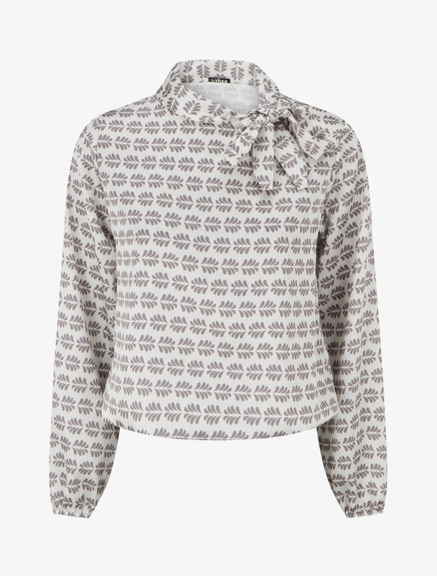 Top boule satiné à col noeud et imprimé graphique - Taupe - 1
