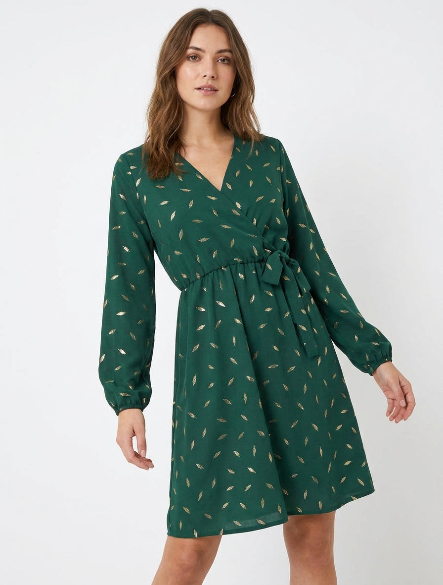 Robe élastiquée à plumes irisées - Vert sapin
