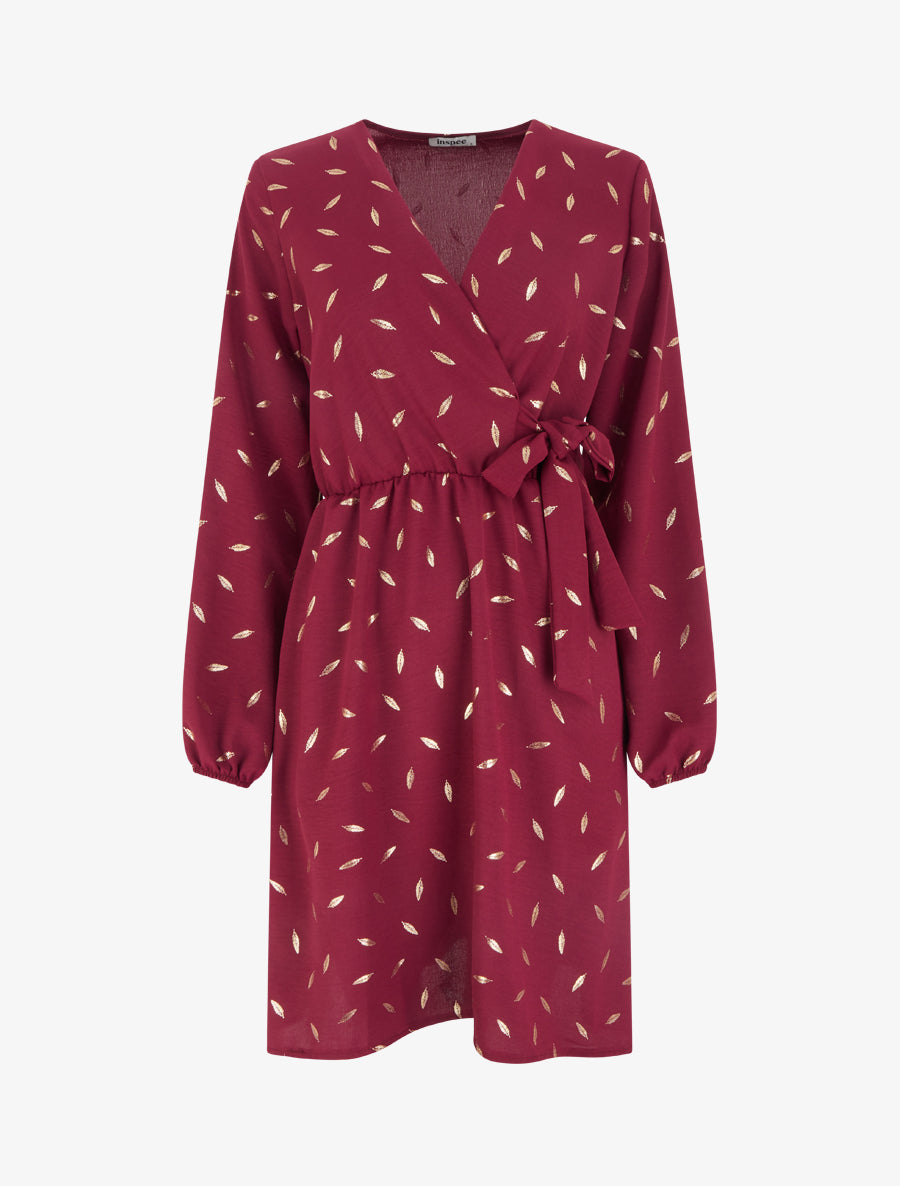 Robe élastiquée à plumes irisées - Lie de vin - 1