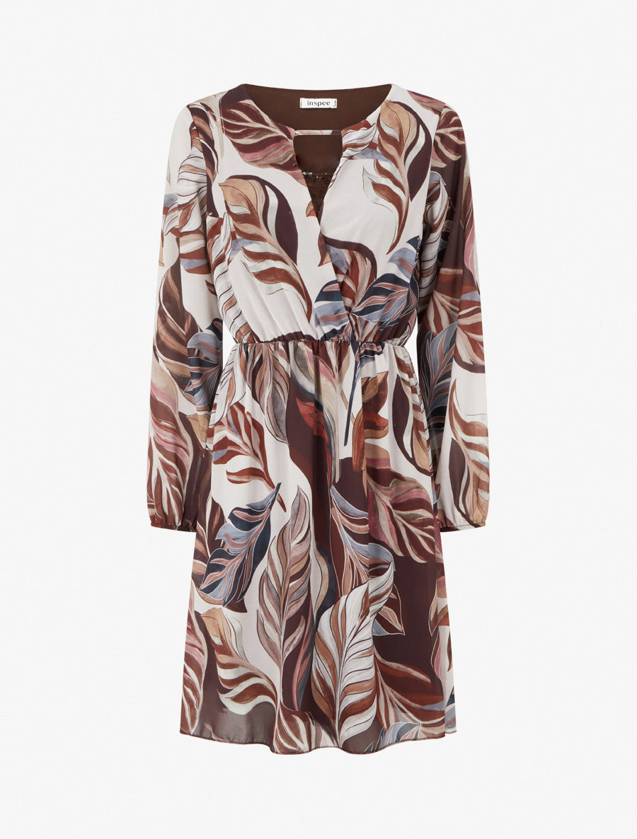 Robe évasée imprimé feuilles stylisées - Marron