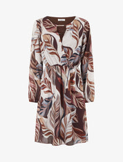 Robe évasée imprimé feuilles stylisées - Marron