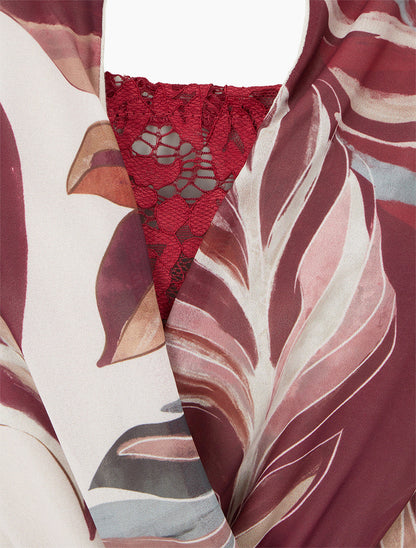 Robe évasée imprimé feuilles stylisées - Lie de vin - 3