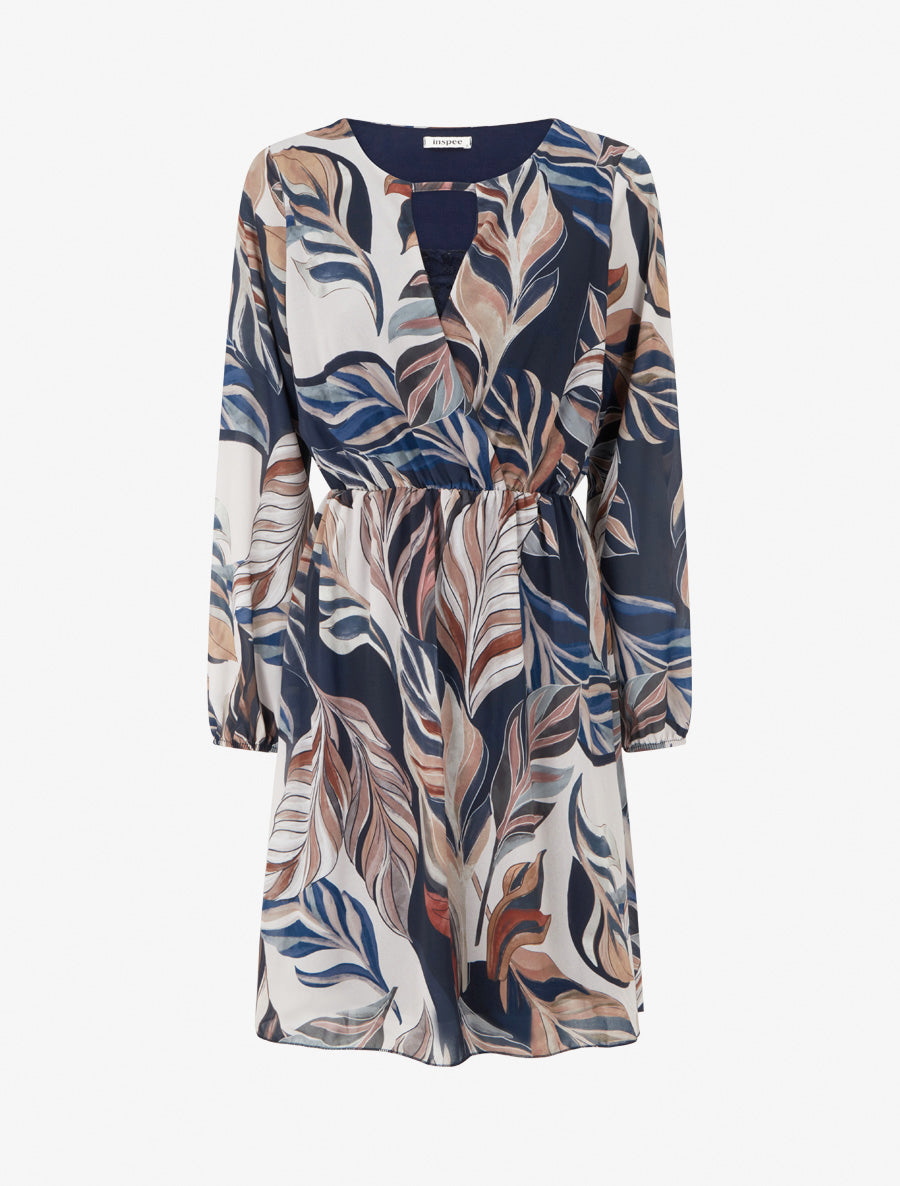 Robe évasée imprimé feuilles stylisées - Marine - 1