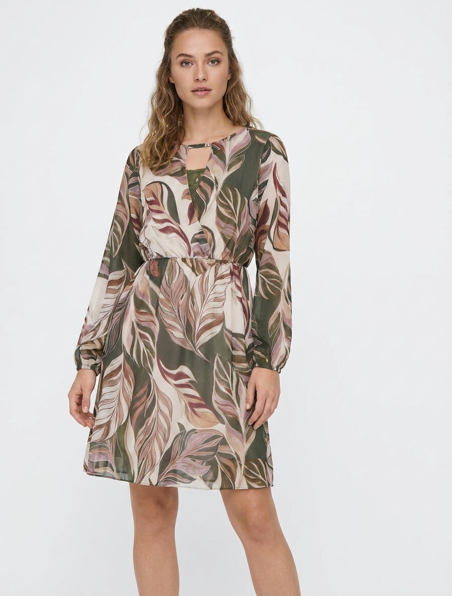 Robe évasée imprimé feuilles stylisées - Kaki