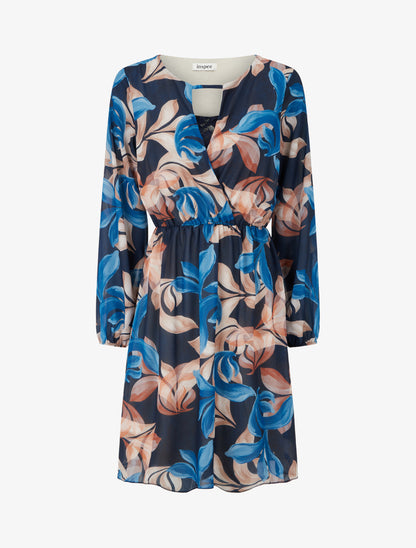 Robe évasée imprimé feuilles fantaisies - Marine - 1