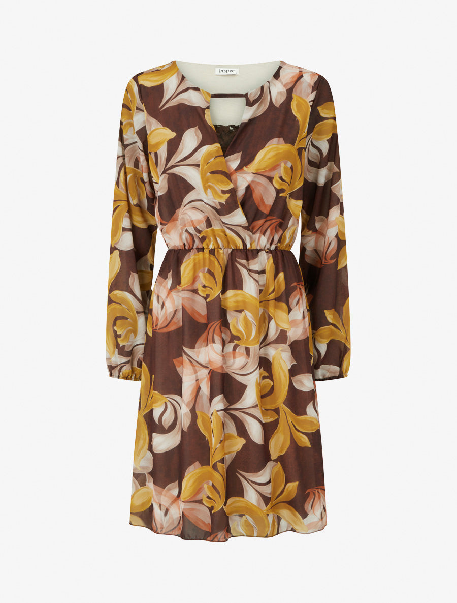 Robe évasée imprimé feuilles fantaisies - Marron - 1