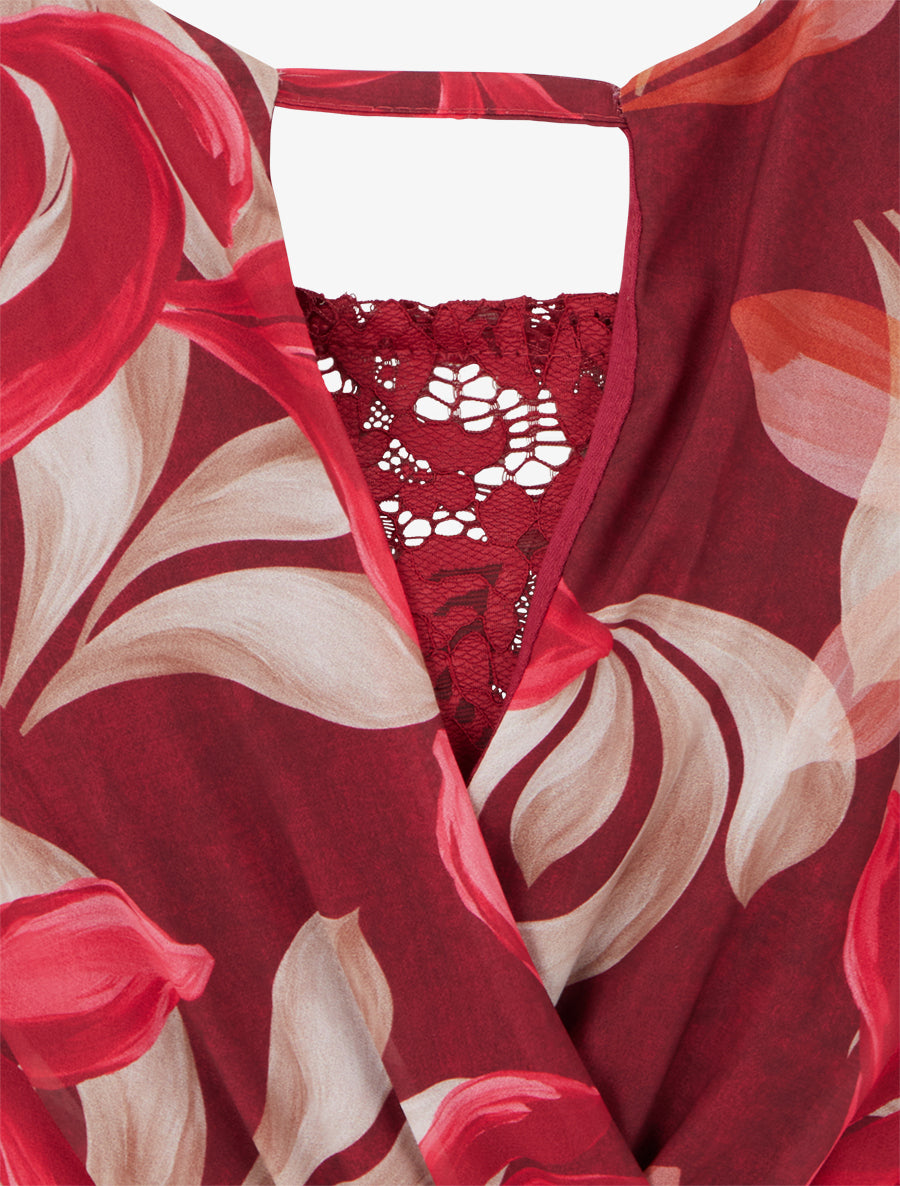 Robe évasée imprimé feuilles fantaisies - Bordeaux - 3