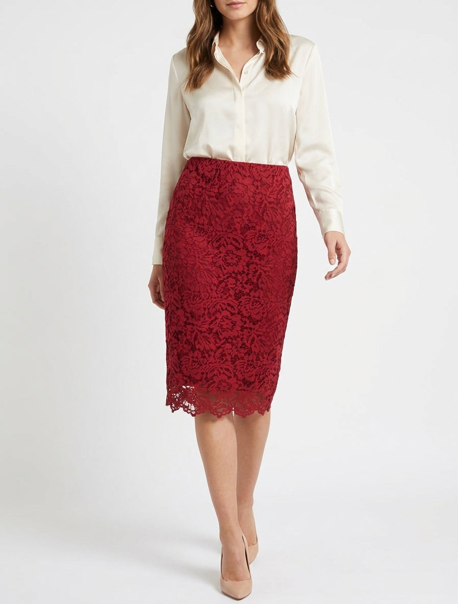 Jupe crayon en dentelle à taille haute - Rouge