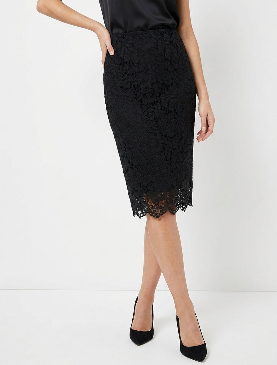 Jupe crayon en dentelle à taille haute - Noir