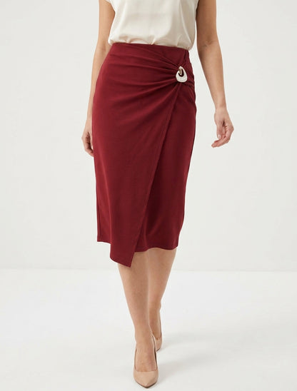 Jupe midi style portefeuille à bijou effet nacré - Bordeaux