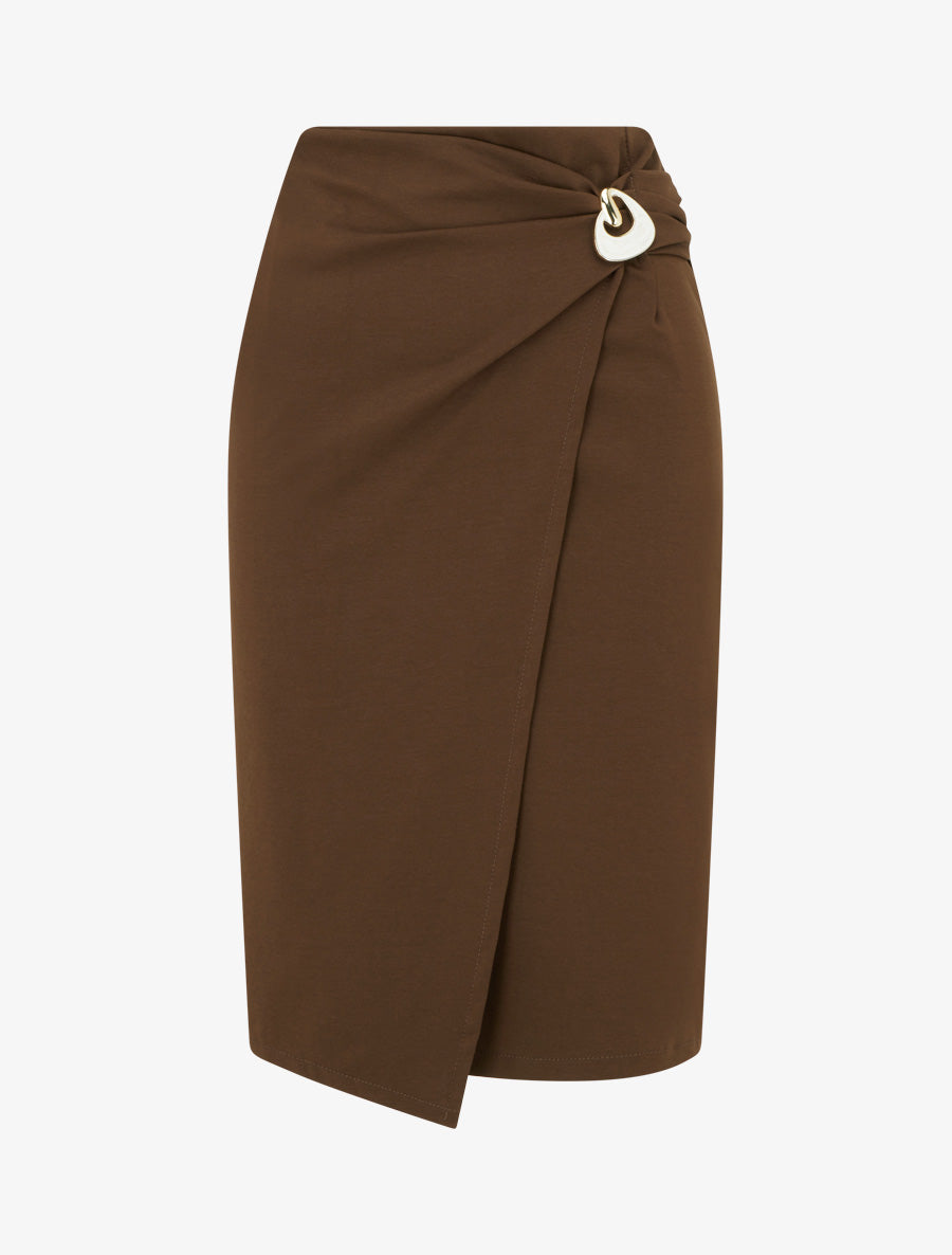 Jupe midi style portefeuille à bijou effet nacré - Marron - 1